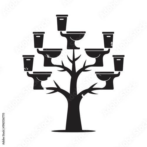 A black silhouette of a tree with toilet seats as leaves