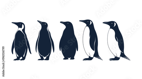 A row of five penguin silhouettes, ranging from outline to filled, standing on a white background