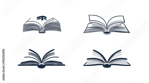 Four stylized illustrations of open books, rendered in a simple, hand-drawn style with dark lines