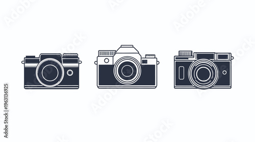 Three simple camera designs with a dark navy blue body on a plain white background