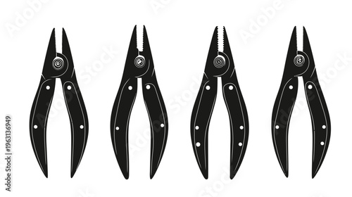 A black and white illustration of four sets of pliers, each with a distinctive design