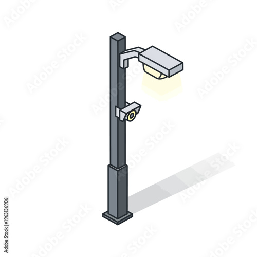 Modern street light pole with an integrated security camera providing public area monitoring and illumination for urban safety and smart city concepts