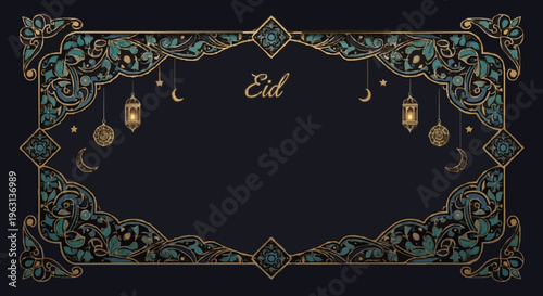 Eid mubarak greeting card template with gold lanterns and crescent moons on black background