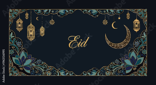 Eid mubarak islamic greeting card with crescent moon lanterns and floral border on dark background
