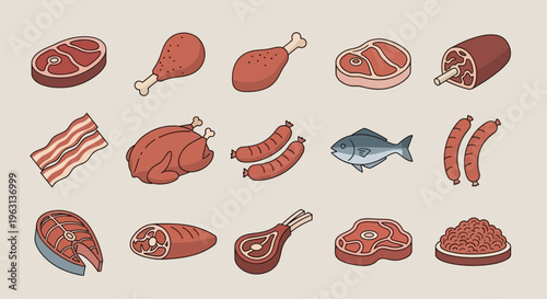 Set of Various Fresh Meat and Fish Products Icons