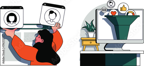 A person using digital devices to connect with others and manage an online engagement funnel