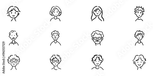 Diverse Hand Drawn Faces Icon Set. Expressive Character Doodle Sketch Collection. Variety Of Hairstyles And Expressions. Isolated Vector Illustration