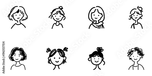 Female Faces With Various Hairstyles In Hand Drawn Style Set. Diverse Expressions And Hairstyles Doodle Sketch Collection. Character Design Elements. Isolated Vector Illustration