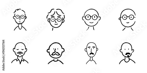 Hand Drawn Male Faces Icon Set. Diverse Expressions And Hairstyles Doodle Sketch Collection. Character Design Elements. Isolated Vector Illustration