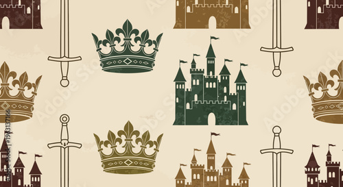 Seamless Pattern of Medieval Castles, Crowns, and Swords