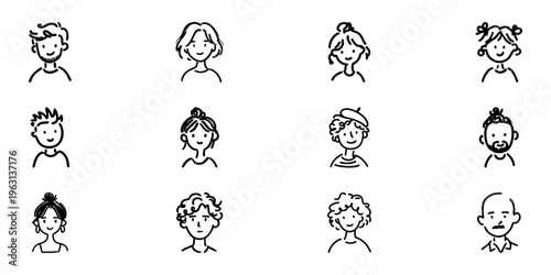 Diverse Hand Drawn Faces Icon Set. Expressive Character Portraits Doodle Sketch Collection. Variety Of Hairstyles And Expressions. Isolated Vector Illustration