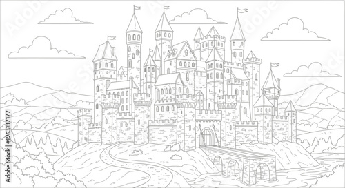 Detailed Medieval Castle Coloring Page for Kids and Adults