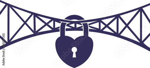 Love lock on bridge illustration.Heart shaped padlock hanging from a metal bridge structure. Concept of everlasting love, romance, Paris traditions, and eternal commitment in a flat vector style.
