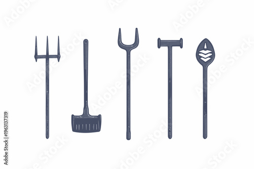 Stylized, minimalist illustrations of farming tools in shades of grey, arranged horizontally on white