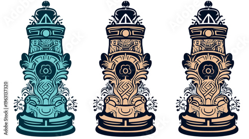 Ornamental, stylized designs in three color variations teal, tan, and beige. Includes floral and geometric elements