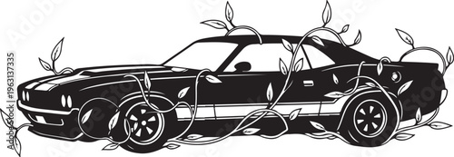Black car with vines and leaves growing around it silhouette