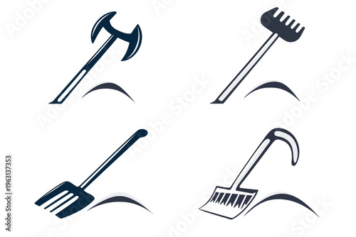 Collection of agricultural tools, including an axe, rake, pitchfork, and hoe, on a white background