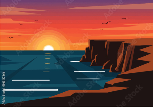 Serene ocean sunset with gentle waves crashing on a rugged cliffside under a vibrant sky