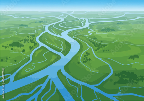 Expansive aerial view of a winding river delta system branching out across a lush green landscape under a clear sky