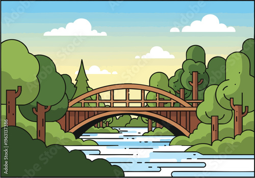 A picturesque wooden bridge arching over a serene blue river, surrounded by lush green trees and a bright, clear sky, creating a tranquil natural landscape
