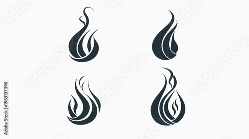 Four stylized flame designs arranged on a white background, demonstrating various shapes and forms