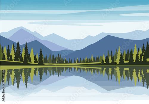 Serene Landscape Illustration of a Tranquil Lake Reflecting Majestic Mountains and Evergreen Trees Under a Cloudy Sky