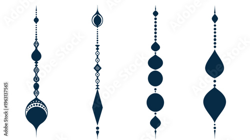 Four stylized abstract ornaments in deep blue on white. Each has a unique design with repeating shapes