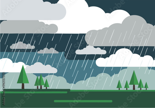 A cloudy and rainy day with trees and green grass under a gray sky