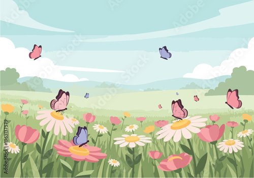 Spring meadow bursting with life delicate butterflies flutter among vibrant wildflowers under a bright, cloudy sky, evoking a sense of natural beauty and peacefulness
