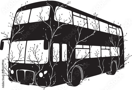 Black double decker bus with trees growing through it