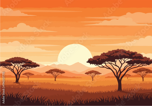 Serene African Savannah at Sunset with Silhouetted Acacia Trees and Rolling Hills Under a Warm, Orange Sky