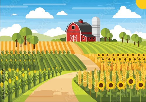 Vibrant rural landscape featuring a red barn, silo, and diverse fields of crops like corn and sunflowers under a clear blue sky with fluffy clouds