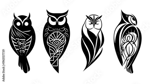 Four stylized black owl illustrations with detailed inner patterns against white background