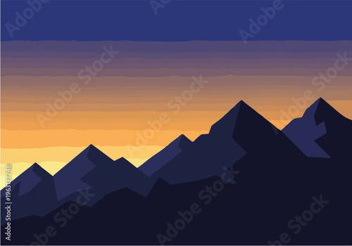 Majestic mountain range at dusk with a gradient sky of orange and purple hues