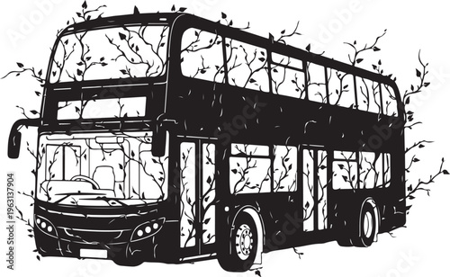 Black double decker bus with vines and leaves transportation