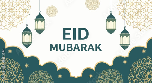 Eid mubarak greeting card with hanging lanterns and islamic geometric patterns on white and green background