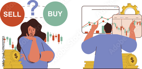 A woman contemplates buying and selling stocks while a man analyzes market charts and data