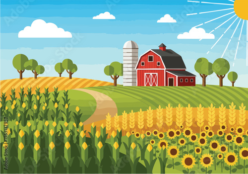 Vibrant farm landscape with red barn, silo, fields of corn and sunflowers under a sunny sky