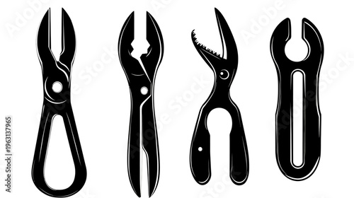A monochrome illustration of four distinct tools, each with varying shapes and functions