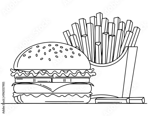 Burger and French Fries Fast Food Combo Line Art Vector Illustration, Minimalist Black and White Junk Food Meal Outline Icon, Takeaway Restaurant Menu Element on White Background.