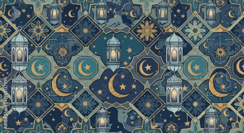 Intricate ramadan pattern with lanterns crescent moons and stars on blue background islamic geometric design