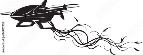 Black drone with swirling lines white background technology
