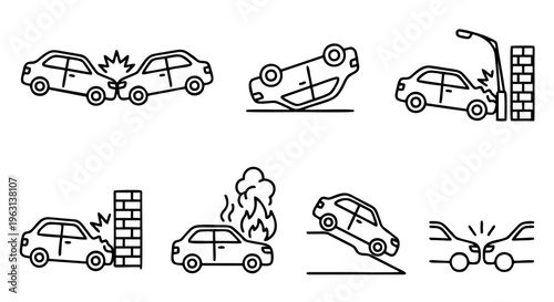 Car Accident Icon Set with Collision, Overturned Vehicle, Wall Crash and Burning Car Outline Illustration Isolated 