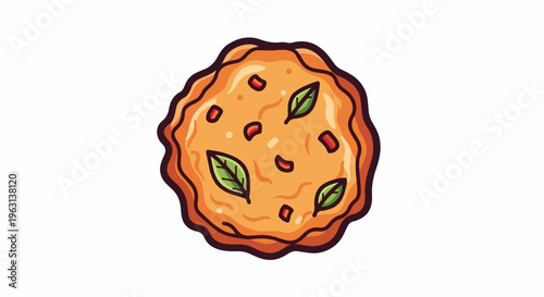 Flat illustration of a circular pizza with wavy edges, toppings