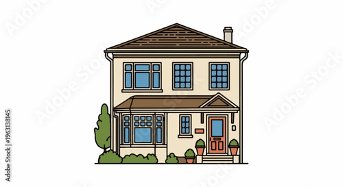Flat illustration of a two-story detached house with a covered porch and garden