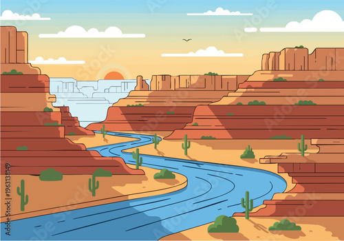 Vast Desert Canyon with a Winding River Under a Setting Sun, Illustrating Natural Beauty and Geological Formations