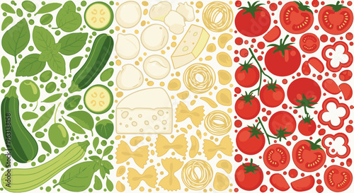 Flat lay of Italian ingredients arranged in Italian flag colors