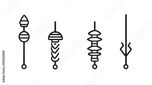 Four minimalist linear geometric icons, black lines on white background, representing abstract concepts