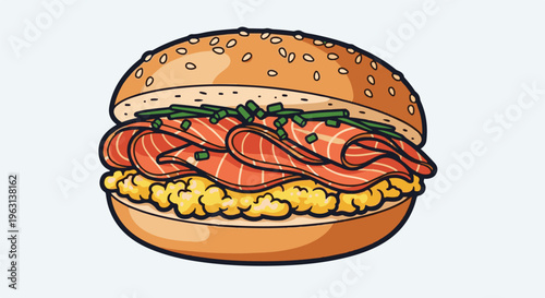 Flavorful salmon and scrambled egg sandwich on a sesame seed bun