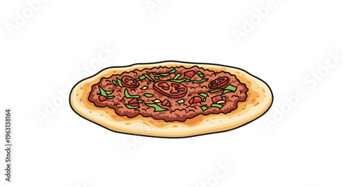Flatbread topped with savory ground meat, sliced tomatoes, and herbs